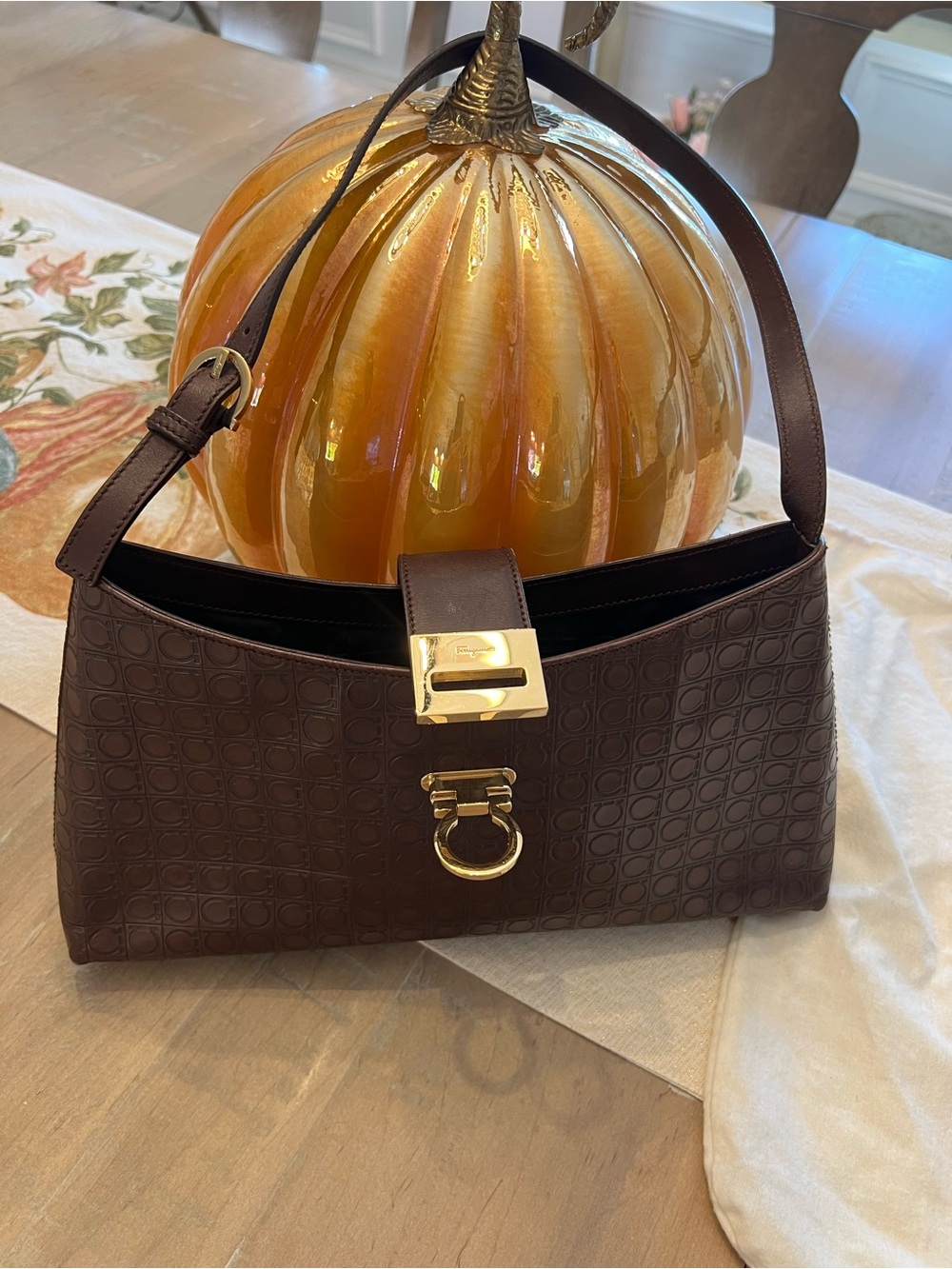 Salvatore Ferragamo Chocolate Brown Gancini Shoulder Bag with Gold Hardware